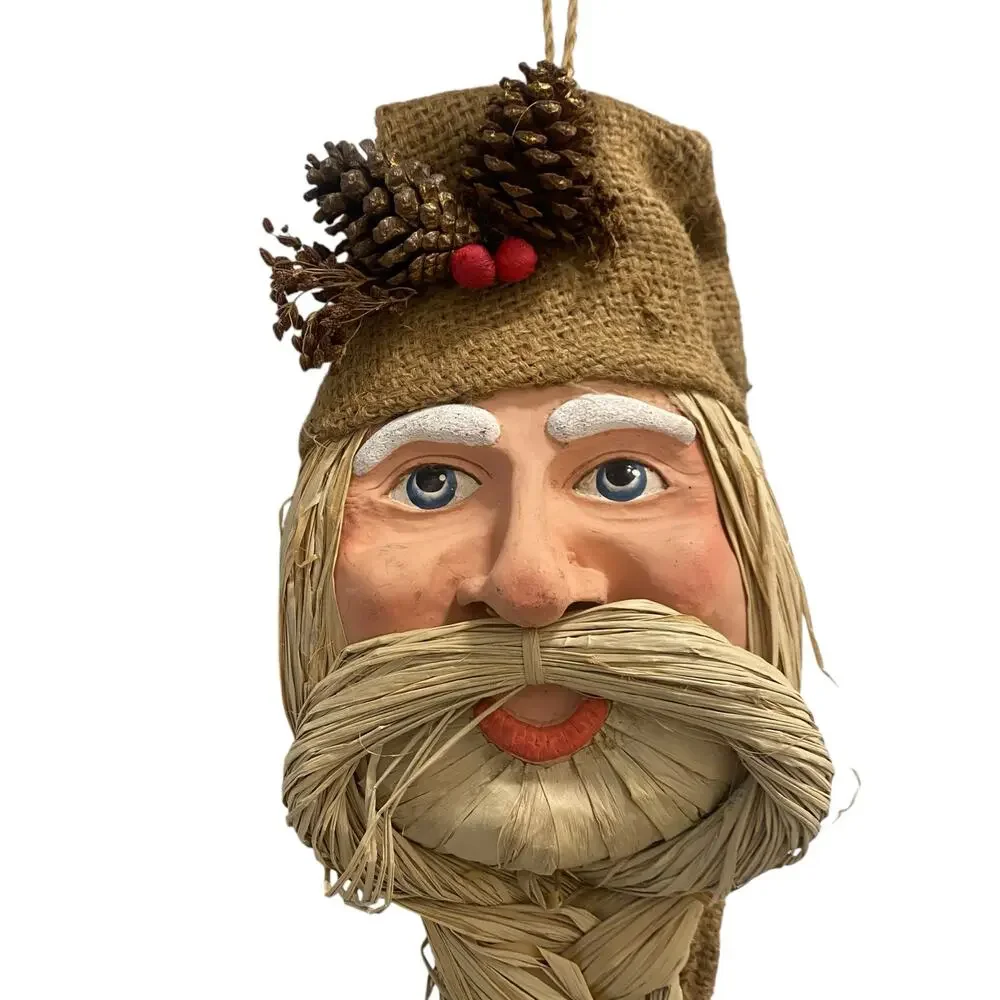 Vintage Wall Hanging Santa with Raffia and Burlap Braided Beard Holiday Decor